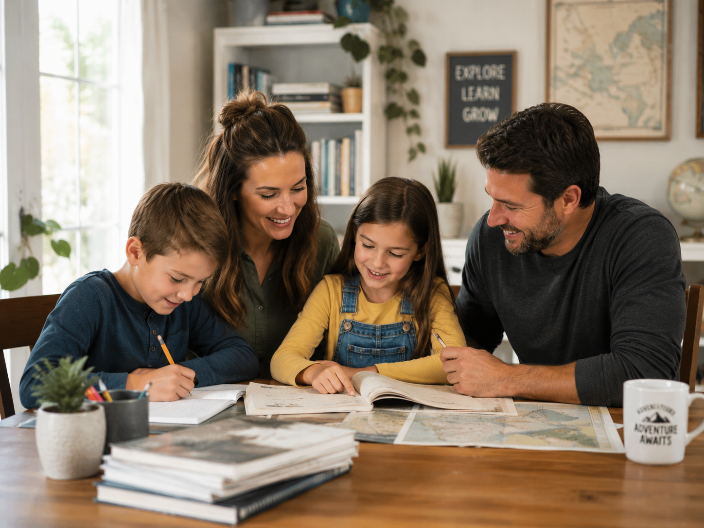 A family learning together at home
