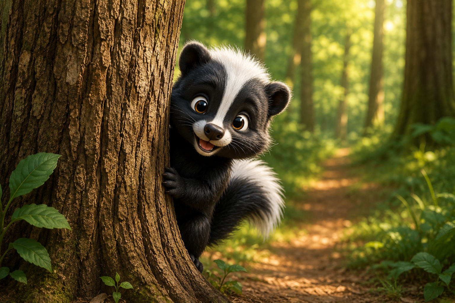 Squeak the skunk peeking out from the forest