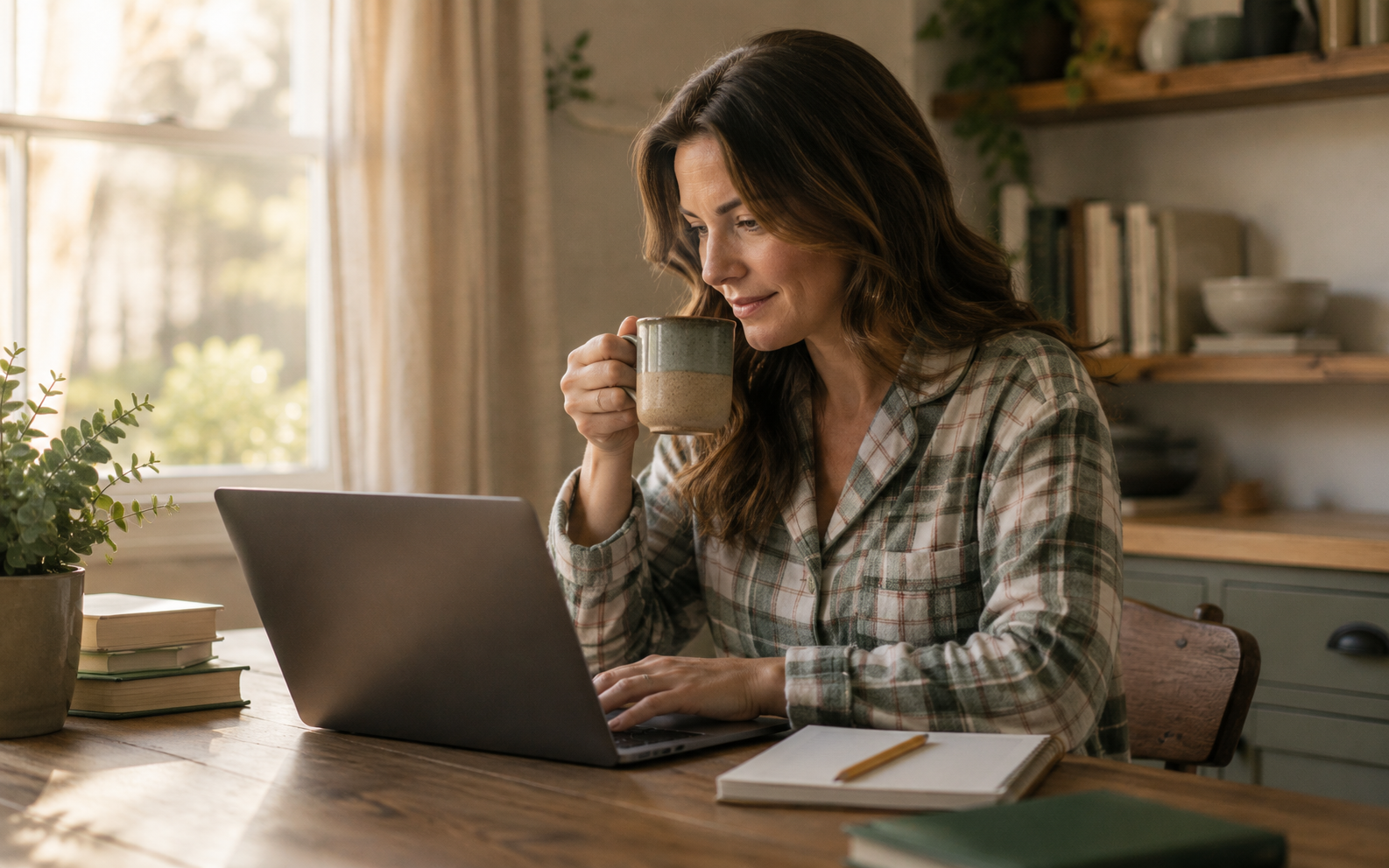 A parent planning homeschool with a warm drink and laptop