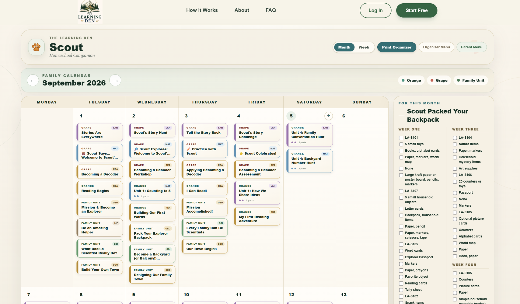 Scout organizing a family's homeschool calendar