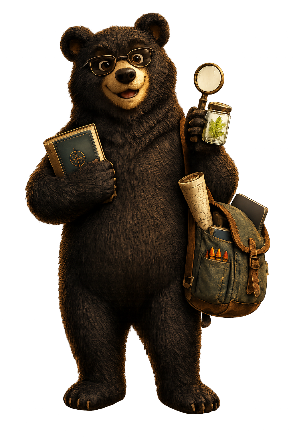 Scout the bear carrying homeschool books, supplies, and learning tools